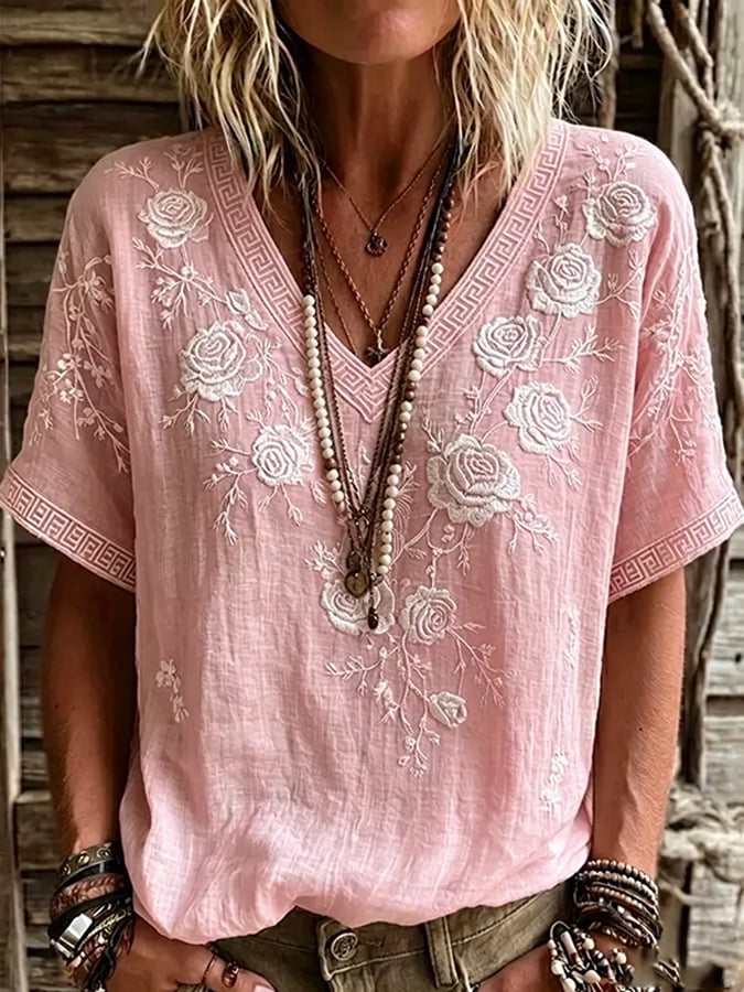 Women's Retro Breast Cancer Floral Print Top