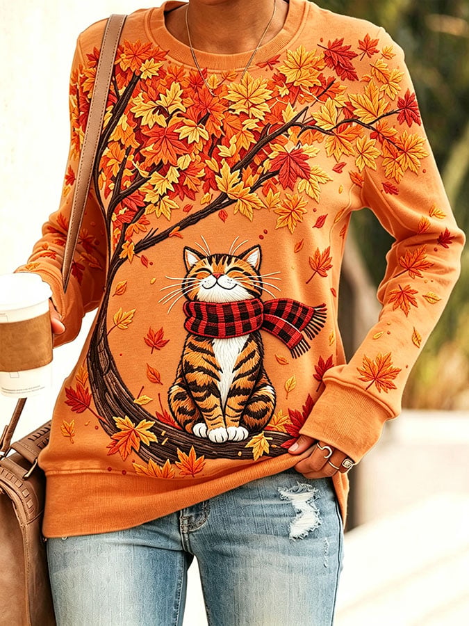 Women's Casual Cat Print Long-Sleeved Sweatshirt