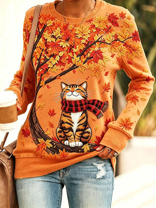 Women's Casual Cat Print Long-Sleeved Sweatshirt