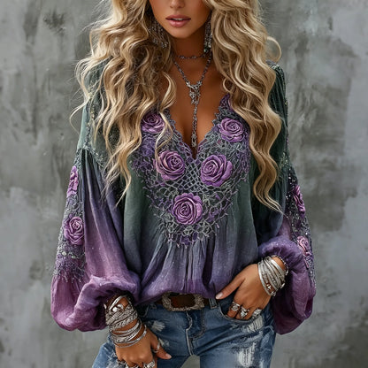 Women's Retro Boho Purple Floral Art Cotton Linen V Neck T-shirt