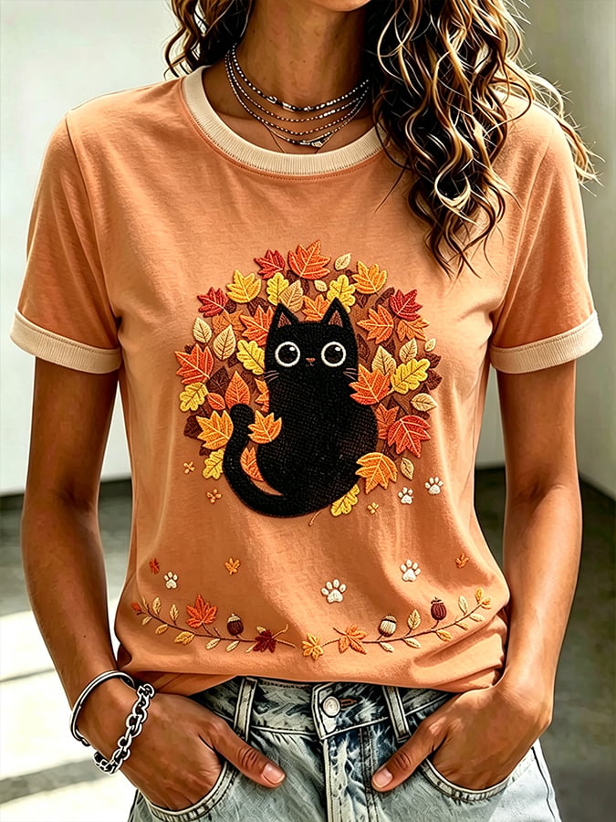 Women'S Casual Autumn Cat-Print Top