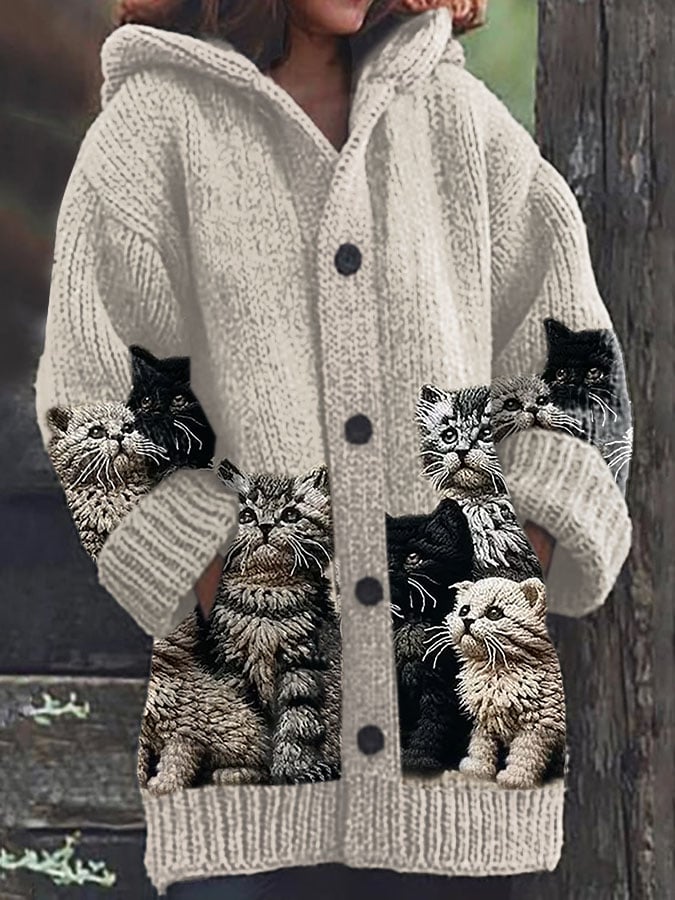 Women's Fun Animal Cat Print Hooded Cardigan