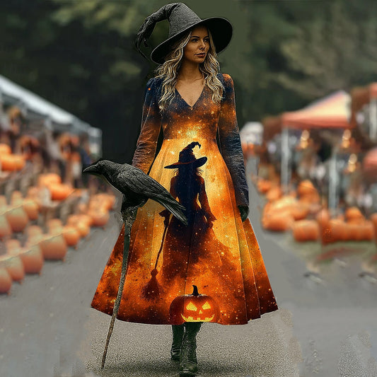 Women's Halloween Art Print V Neck Long Sleeve Maxi Dress