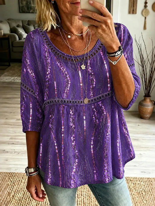 Women's Retro Purple Floral Art Cotton Linen Crew Neck T-shirt