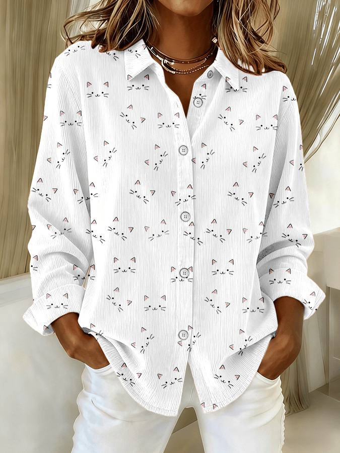 Women's Cute Cat Print Retro Corduroy Shirt
