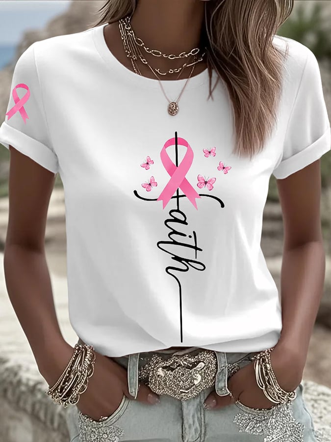 Women's Breast Cancer Awareness Printed Round Neck T-Shirt