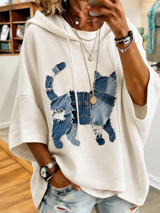 Women's Casual Cat Print Loose Hoodie