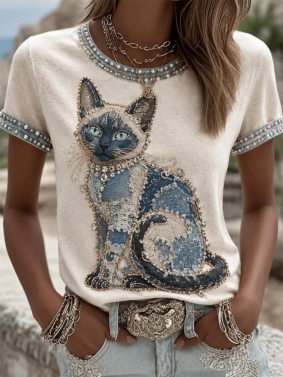 Women's Casual Crew-Neck T-Shirt with Faux-Denim Cat Print