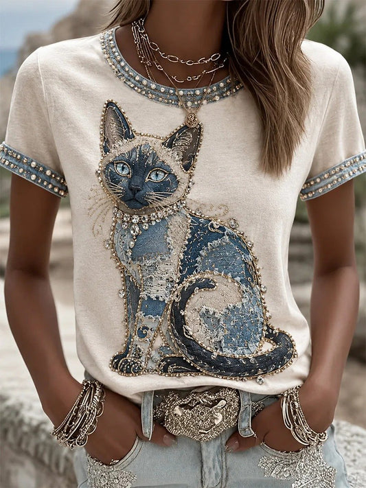 Women's Casual Crew-Neck T-Shirt with Faux-Denim Cat Print