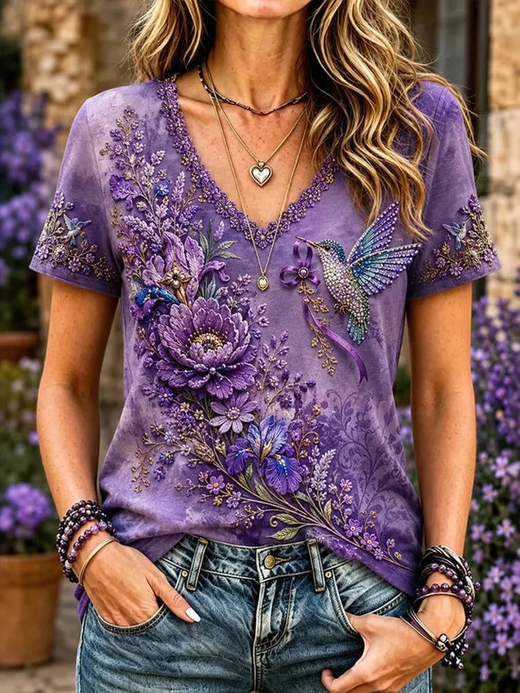 Women's Purple Floral Hummingbird Hot Drill Print Alzheimer's Awareness T-shirt