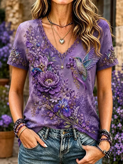 Women's Purple Floral Hummingbird Hot Drill Print Alzheimer's Awareness T-shirt