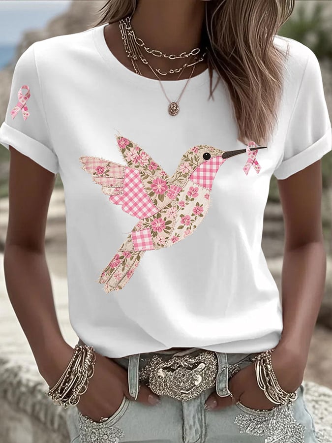 Women's Pink Hummingbird Print Round Neck T-Shirt