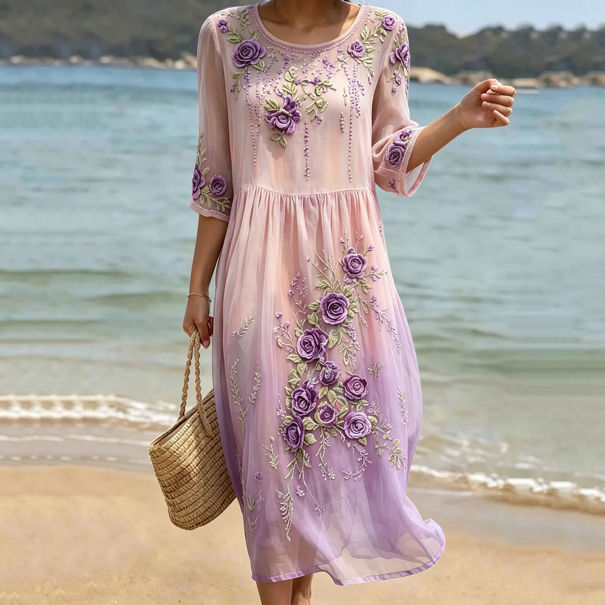 Women's Purple Rose Floral Gradient Pattern Mid-sleeve Casual Dress