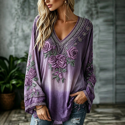 Women's Vintage Floral Art Flowy Cotton Linen V-neck Long-sleeved Top