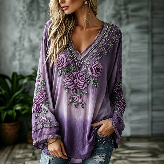Women's Vintage Floral Art Flowy Cotton Linen V-neck Long-sleeved Top