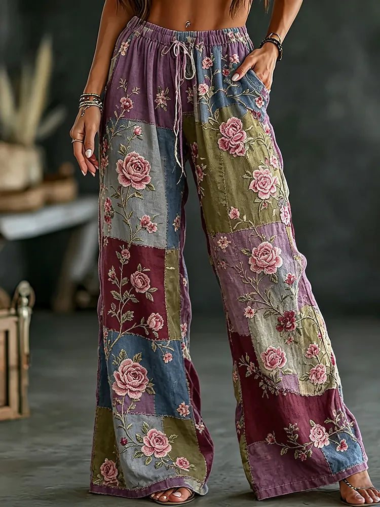 Women's Pink Floral Art Embroidery Patchwork Comfortable Cotton Linen Pants