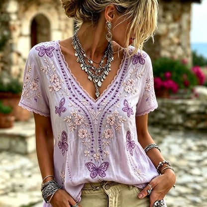 Women’s Vintage Boho Lavender Butterfly Embroidery Short Sleeve V Neck Top