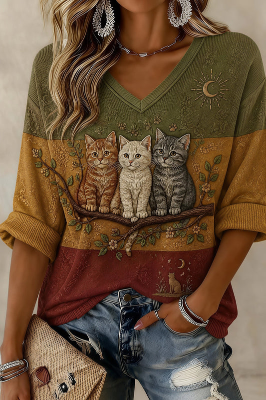 Women's Vintage Garden Cat Print T-Shirt