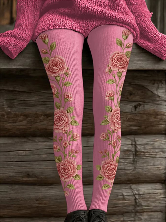 Women's Retro Breast Cancer Flowers Print Leggings