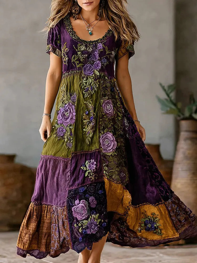 Women's Retro Purple Rose Patchwork Embroidered Casual Round Neck Dress