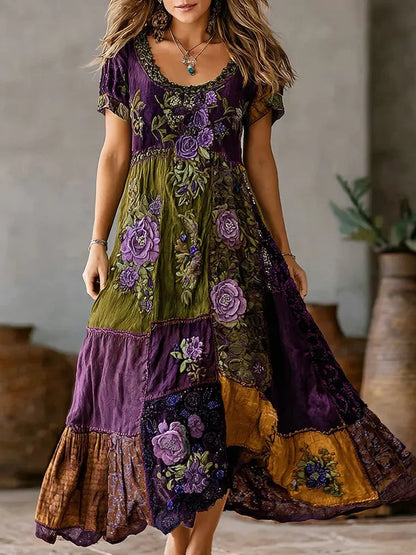 Women's Retro Purple Rose Patchwork Embroidered Casual Round Neck Dress