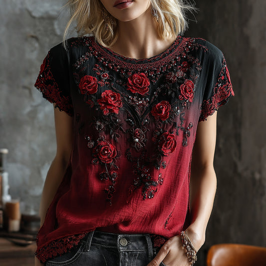 Women's Retro Rose Embroidery Gradient Pattern Casual Halloween T-shirt