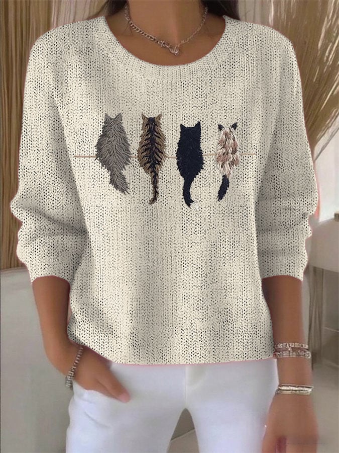 Women's Retro Animal Cat Print Knitted Sweater