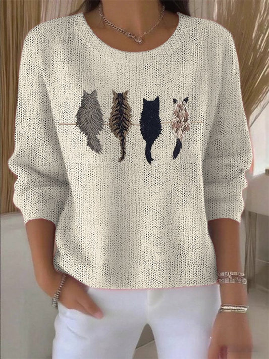 Women's Retro Animal Cat Print Knitted Sweater