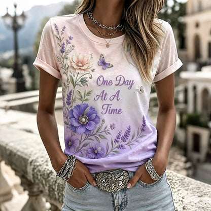 Women's Purple Floral Hummingbird Print Alzheimer's Disease Awareness Casual   T-shirt