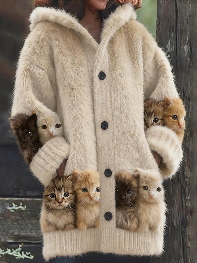 Women's Retro Cats Print Casual Mid-Length Hooded Cardigan