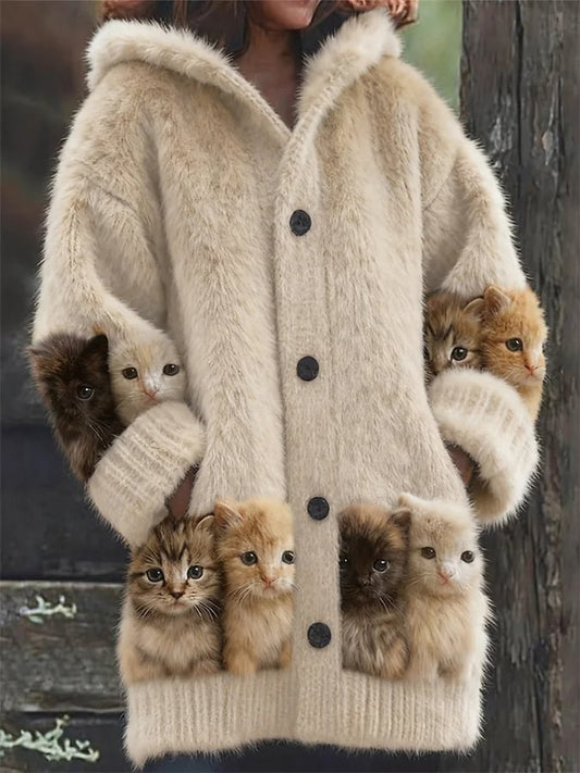 Women's Retro Cats Print Casual Mid-Length Hooded Cardigan