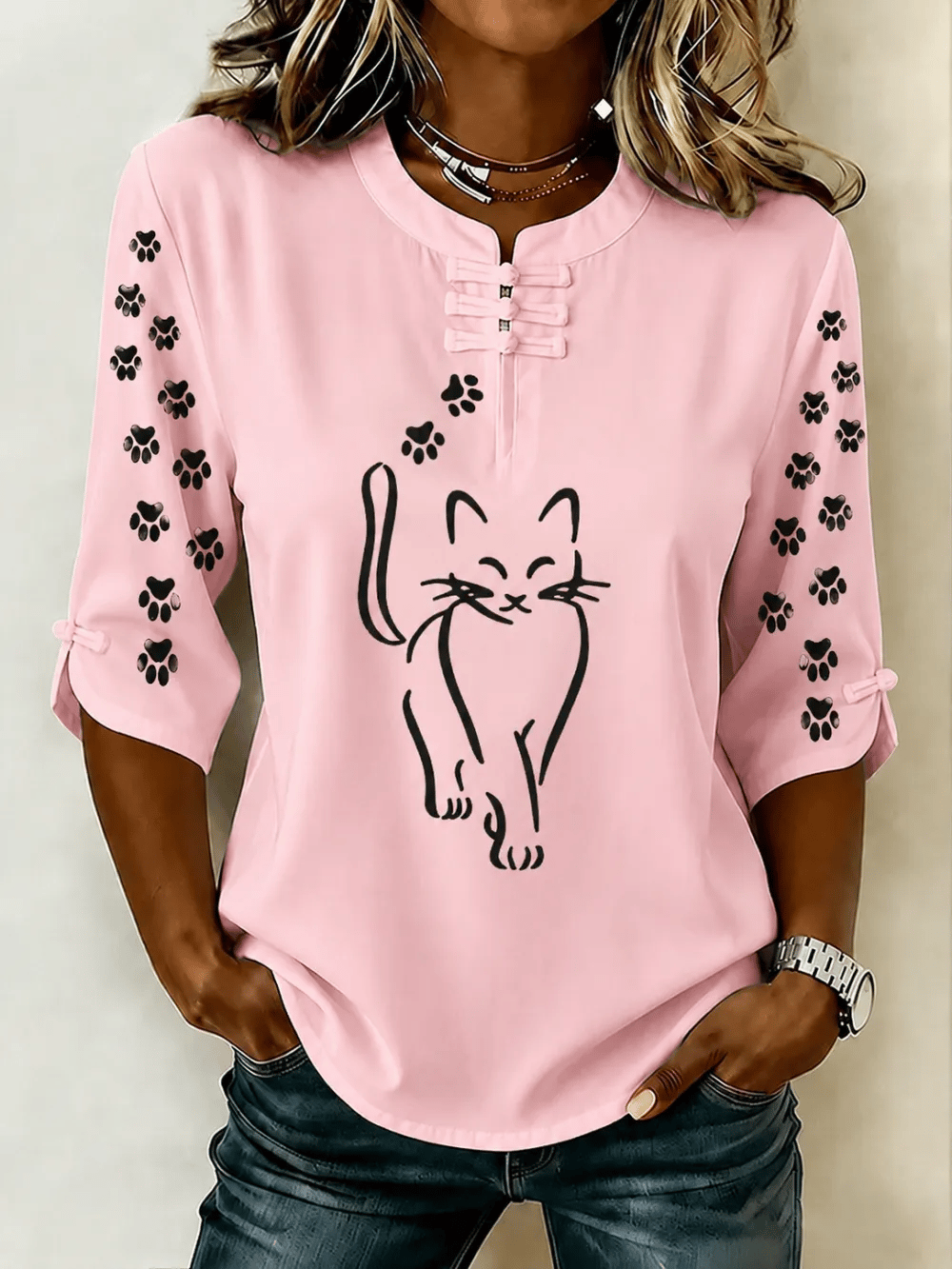 Women's Cute Cat Print Button-Up Top