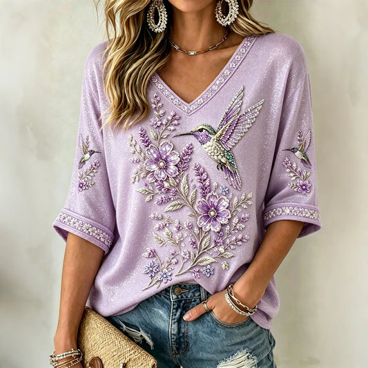 Women's Vintage Purple Flowers And Birds Art Three-quarter Sleeve Top