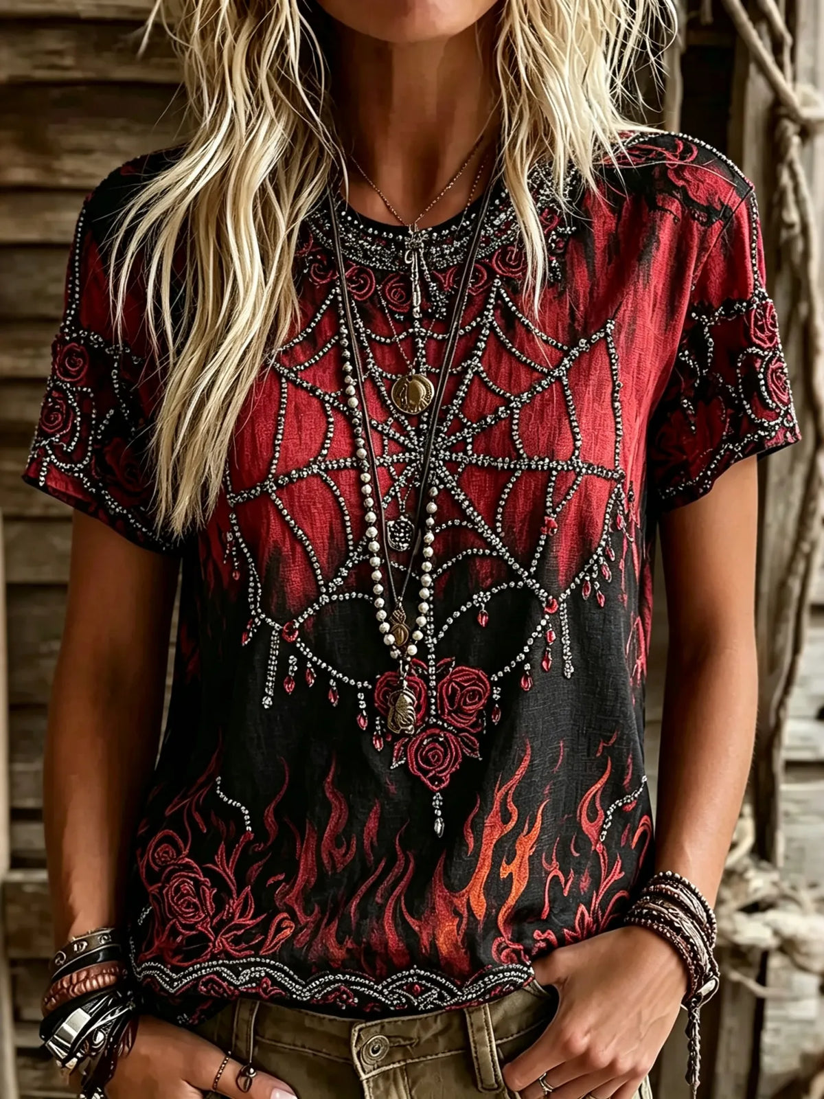 Women's  Vintage Spider Flower Embroidery Short Sleeve Top