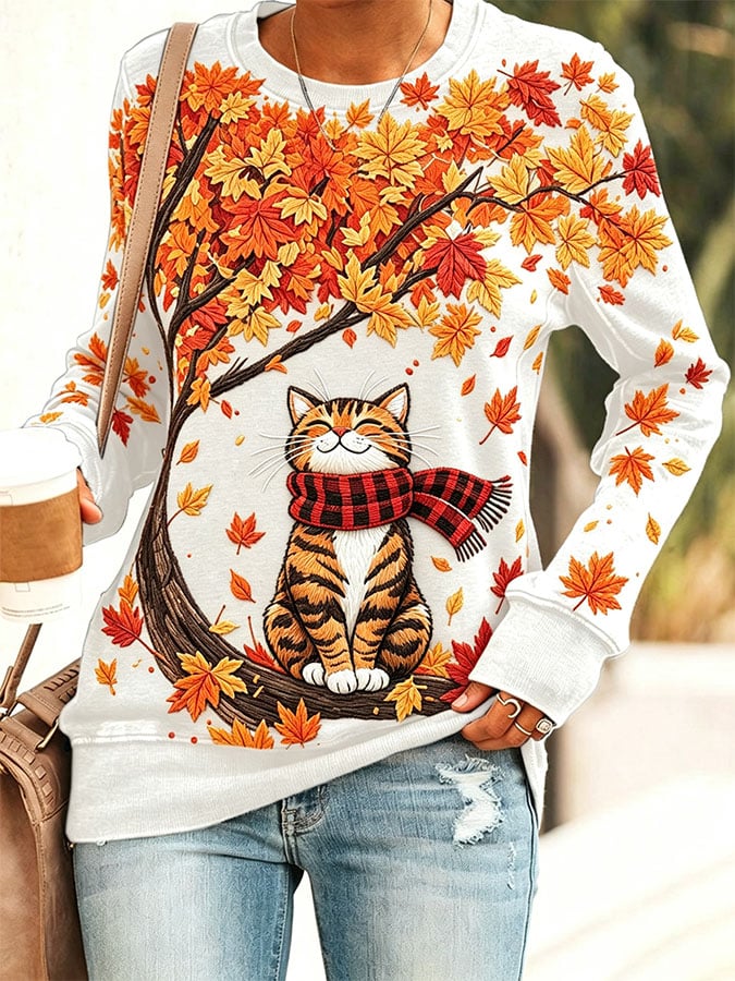 Women's Casual Cat Print Long-Sleeved Sweatshirt