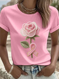 Women's Rhinestone Art Pink Ribbon and Floral Print Round Neck T-Shirt