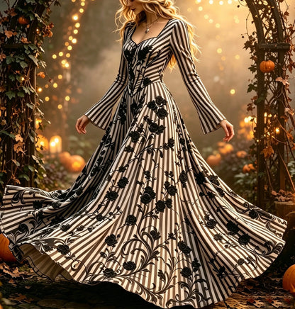 Women's Retro Halloween Striped And Floral V-neck Dress