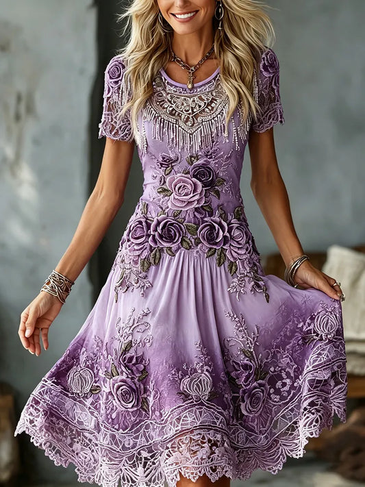 Women's Vintage Purple Rose Embroidered Art Short Sleeve Midi Dress