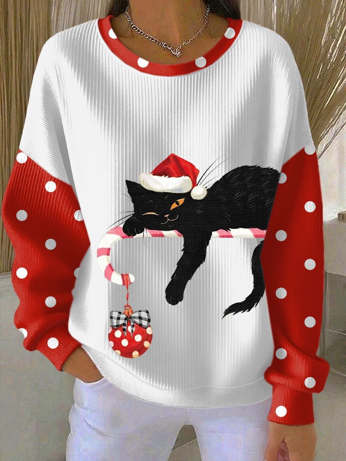 Women's Christmas Cat Print Knit Crew Neck Long Sleeve Top