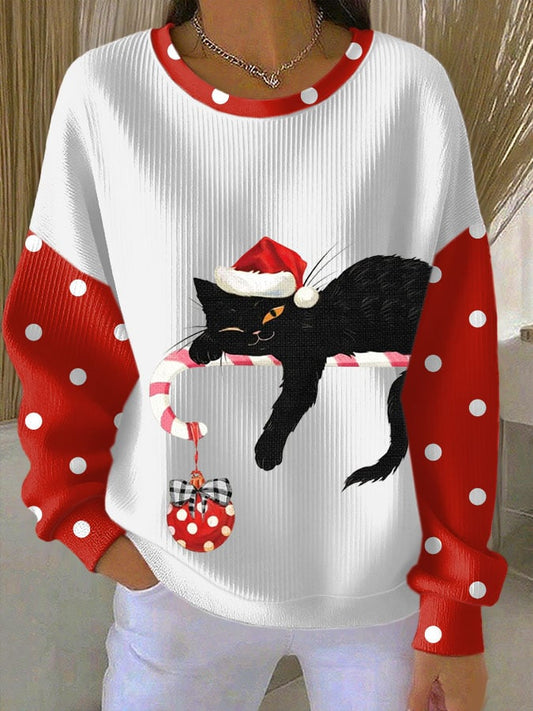 Women's Christmas Cat Print Knit Crew Neck Long Sleeve Top