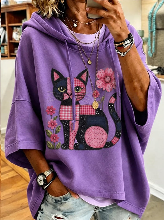 Women's Casual Cat Print Loose Hoodie