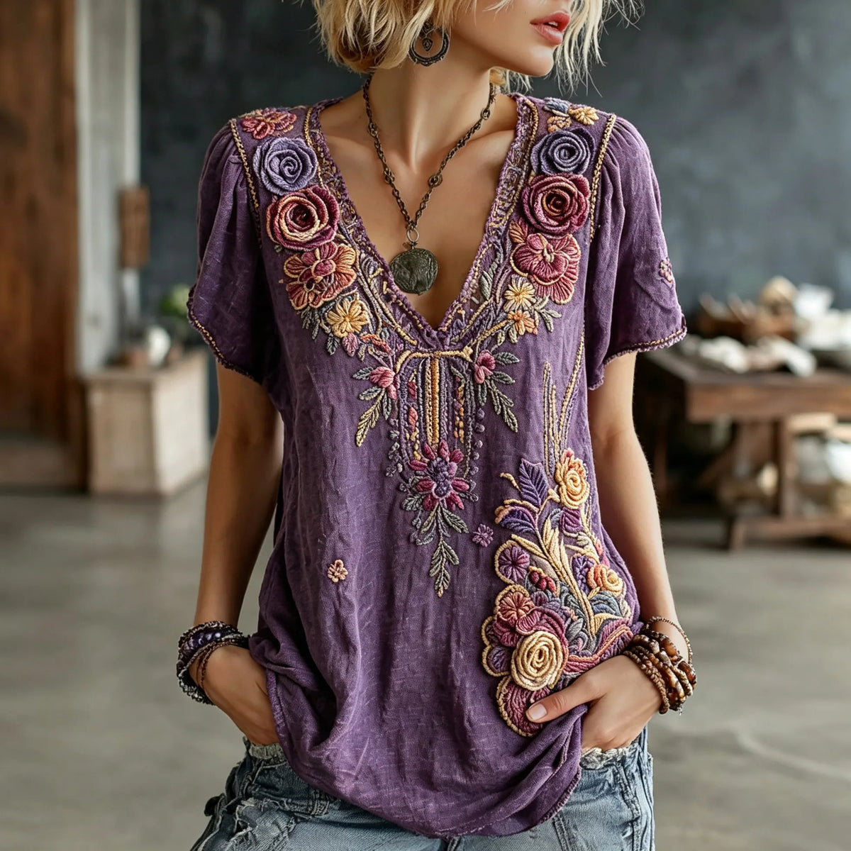 Women's Vintage Floral Art Embroidery Linen Blend V-neck Short-sleeve T-shirt