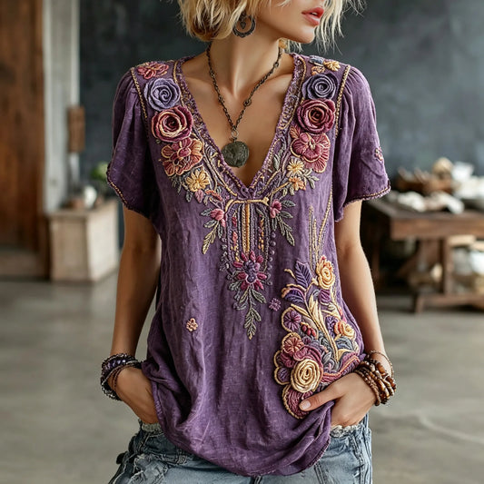 Women's Vintage Floral Art Embroidery Linen Blend V-neck Short-sleeve T-shirt