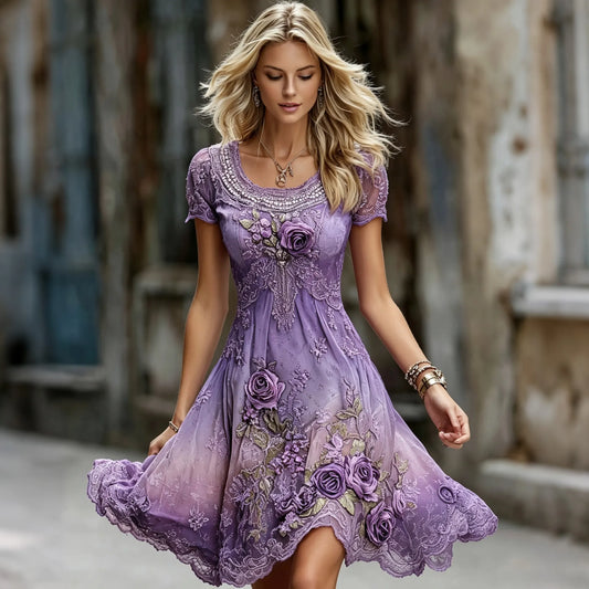 Women's Retro Floral Embroidered Casual Cotton Linen Round Neck Dress