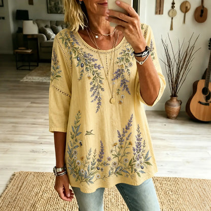 Women's Retro Boho Floral Embroidered Art Cotton Linen Crew Neck T-shirt