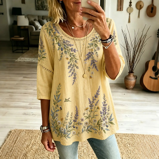 Women's Retro Boho Floral Embroidered Art Cotton Linen Crew Neck T-shirt