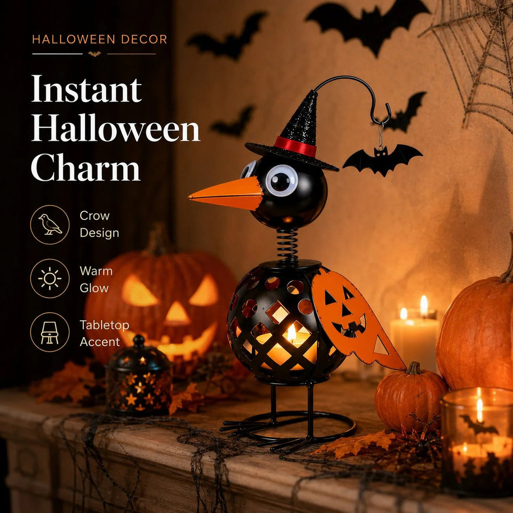 🔥 Wrought Iron Crow & Pumpkin Ornament 🎃 Rustic Halloween Decor