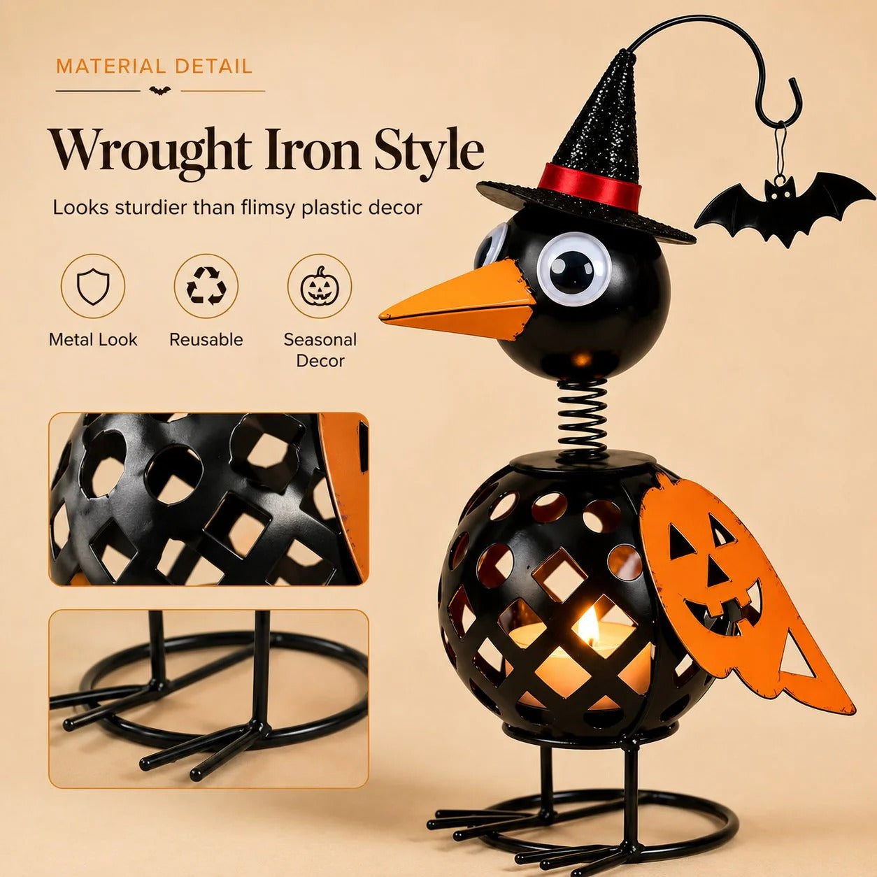 🔥 Wrought Iron Crow & Pumpkin Ornament 🎃 Rustic Halloween Decor