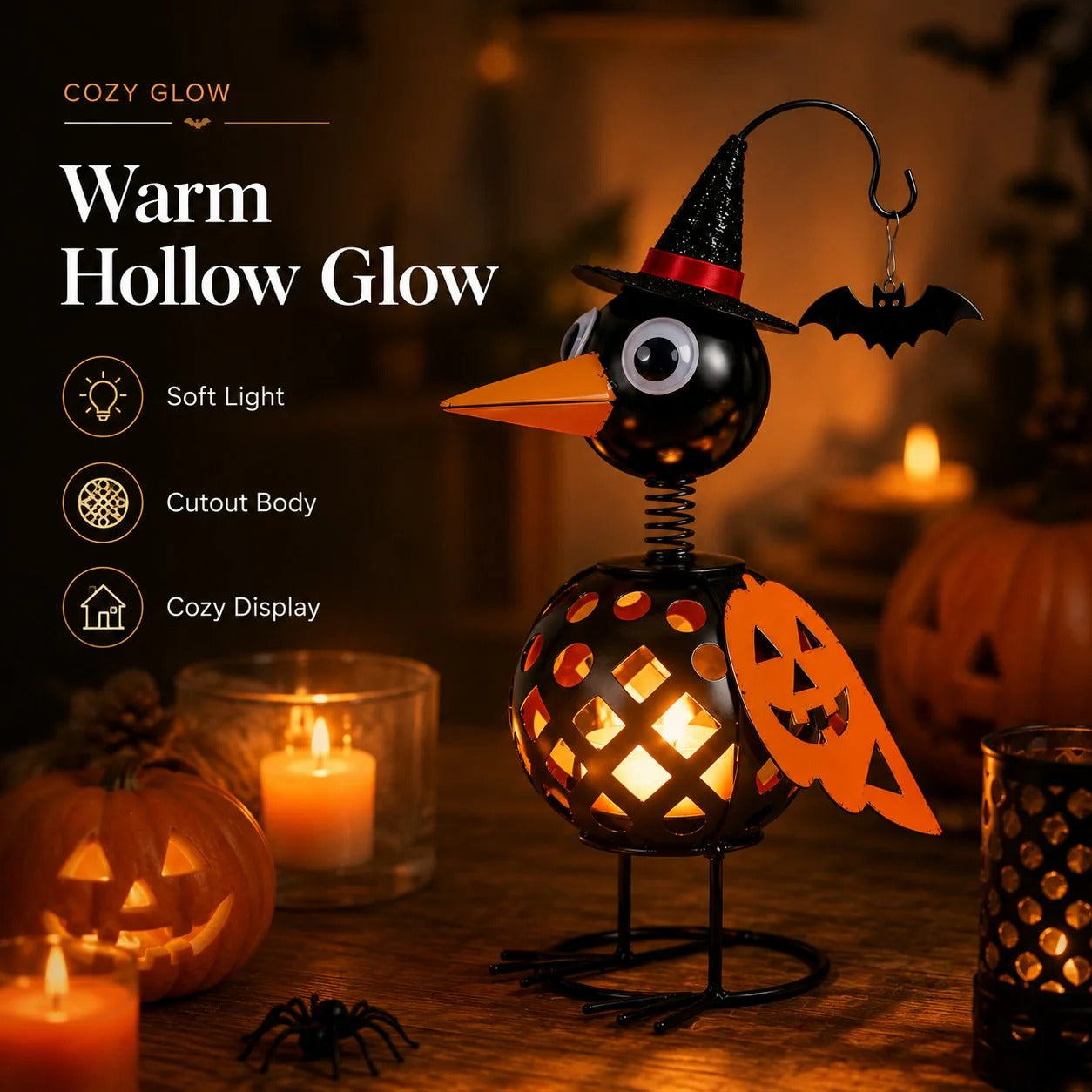 🔥 Wrought Iron Crow & Pumpkin Ornament 🎃 Rustic Halloween Decor
