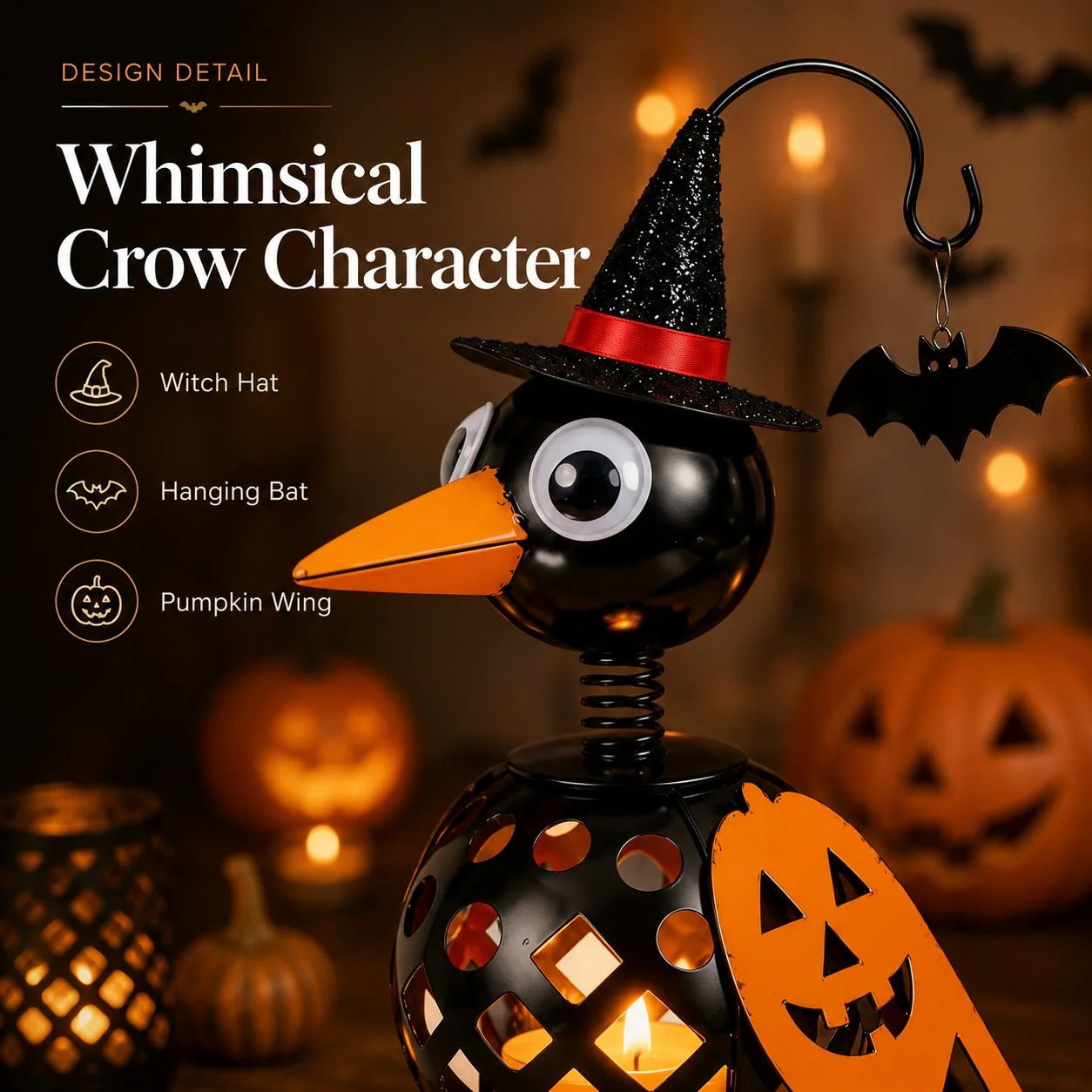 🔥 Wrought Iron Crow & Pumpkin Ornament 🎃 Rustic Halloween Decor